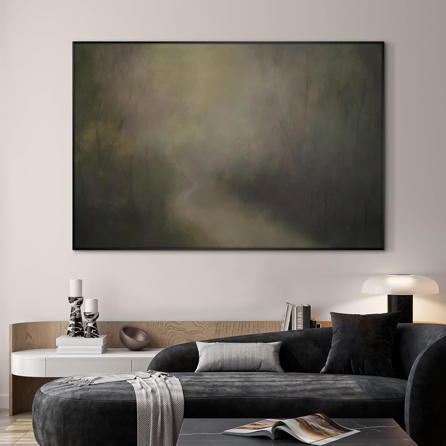 SIGNWIN 46"x72" Extra Large Framed Wall Art Muted Forest Path Soft Misty Woodland Scene