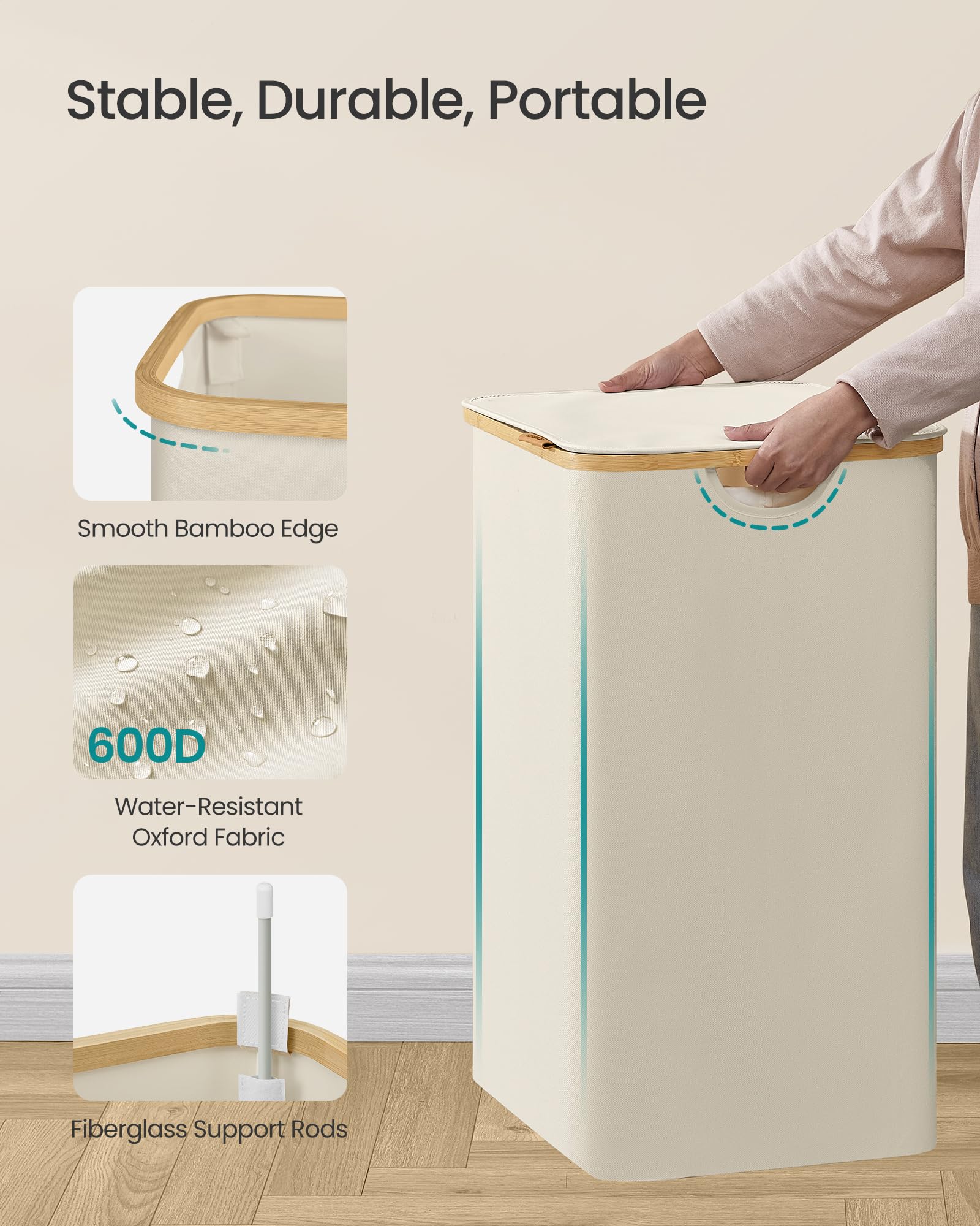 SONGMICS Laundry Hamper, Laundry Basket with Lid, Foldable Storage Basket, Bamboo Frame, for