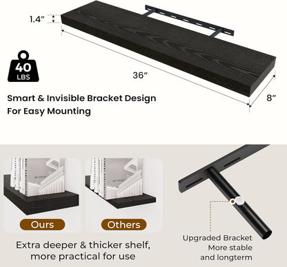36 inch Floating Shelves Wall Shelves for Office with Invisible Brackets, 8 inch Deep Shelves for