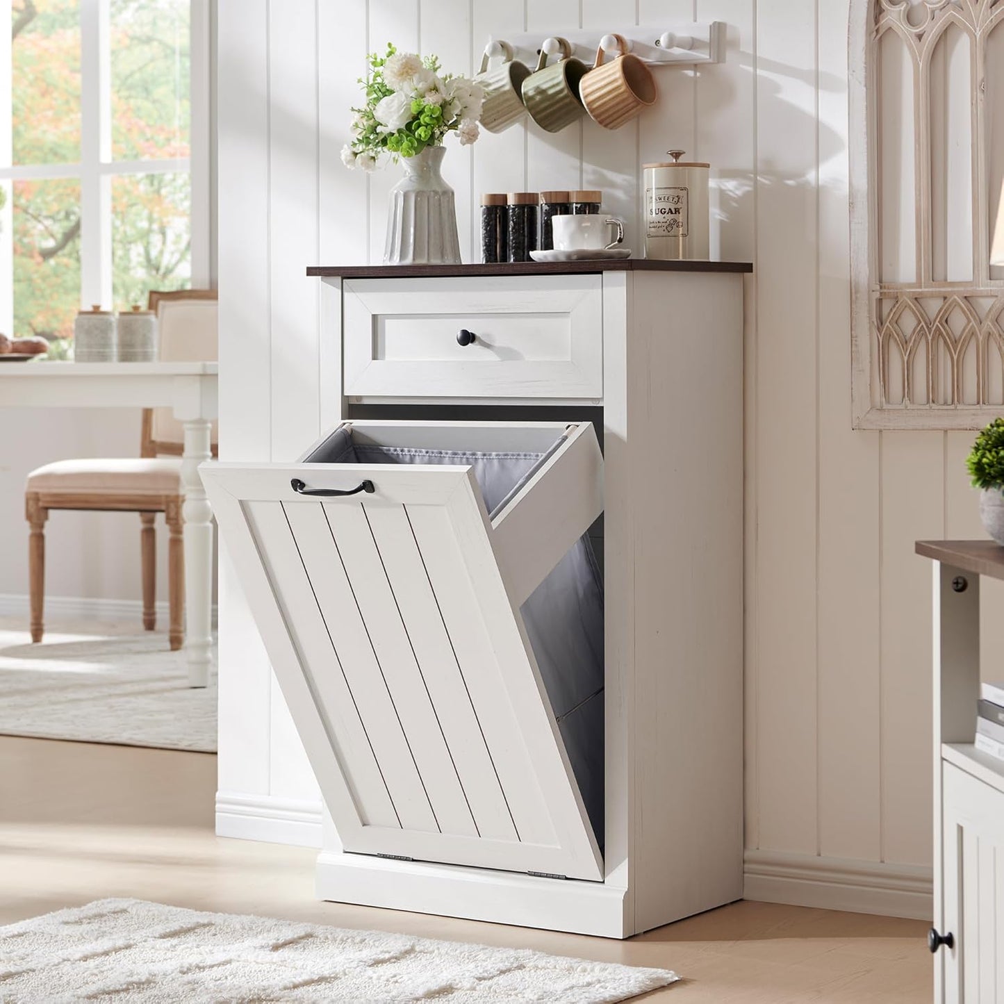 Tilt Out Laundry Hamper Cabinet, 10 Gallon Farmhouse Trash Can Cabinet with Drawer, Hidden Wood
