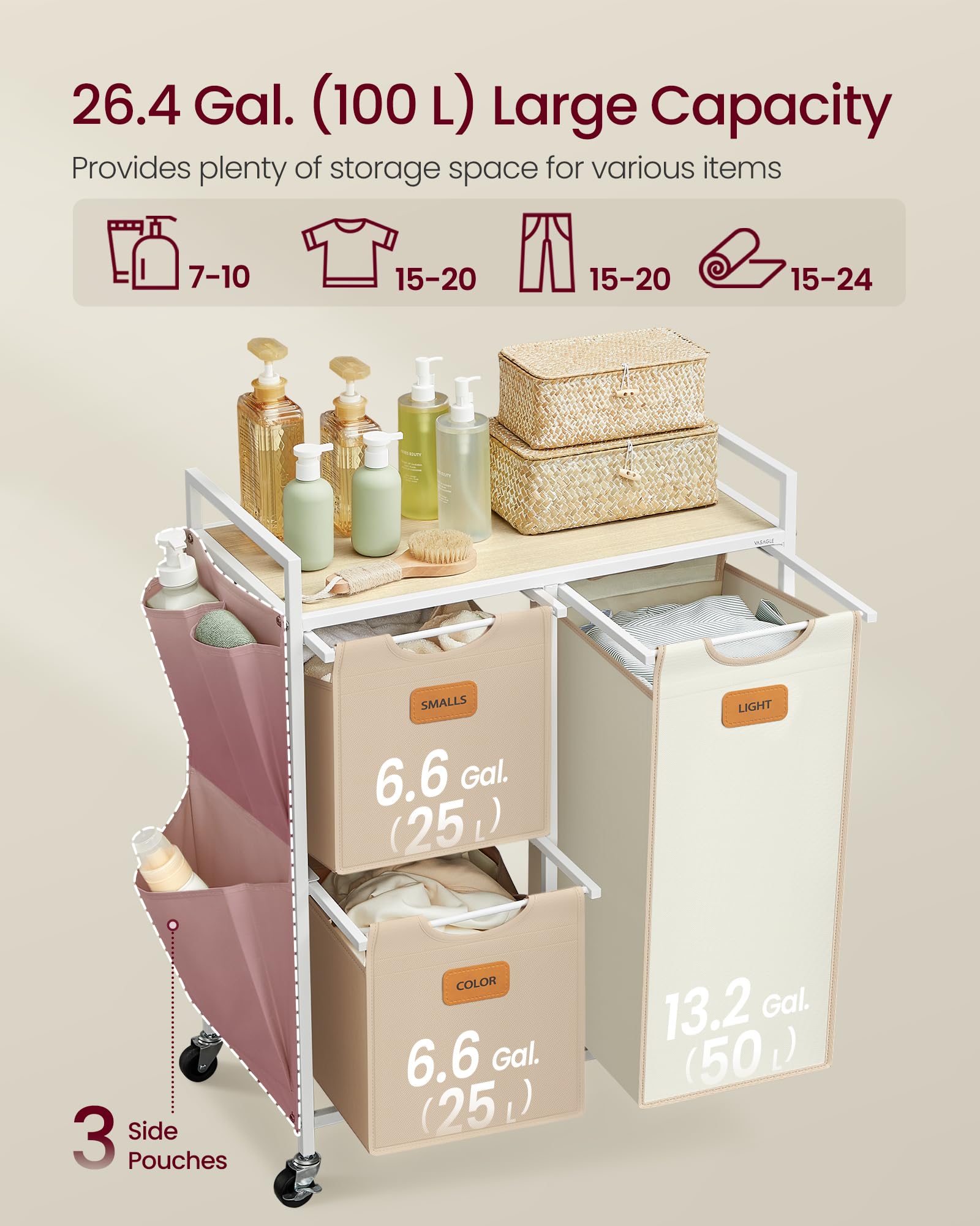 VASAGLE Laundry Hamper with 3 Compartments, 26.4 Gal. (100 L) Laundry Sorter, Rolling Laundry Cart