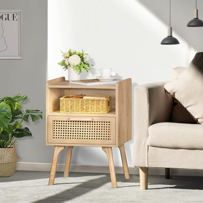 Lerliuo Rattan Nightstands Set of 2, Boho Side Table with Drawer Open Shelf, Cane Accent Bedside