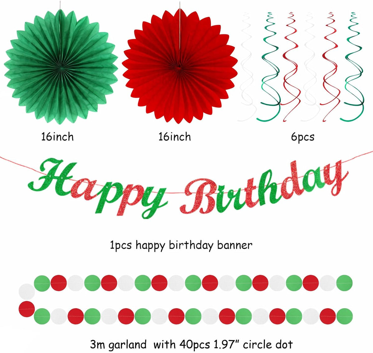 Red White Green Mexican Christmas Birthday Party-Decorations - 21pcs Happy Banner,Paper Lanterns
