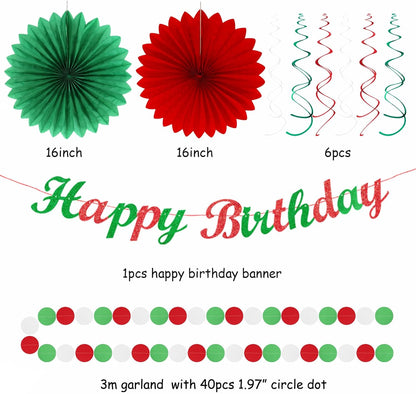 Red White Green Mexican Christmas Birthday Party-Decorations - 21pcs Happy Banner,Paper Lanterns