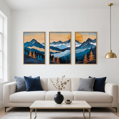 Celestdeco Blue Woodcut Mountain Framed Canvas Wall Art Set, Boho Abstract Ridge Wall Decor, Pine