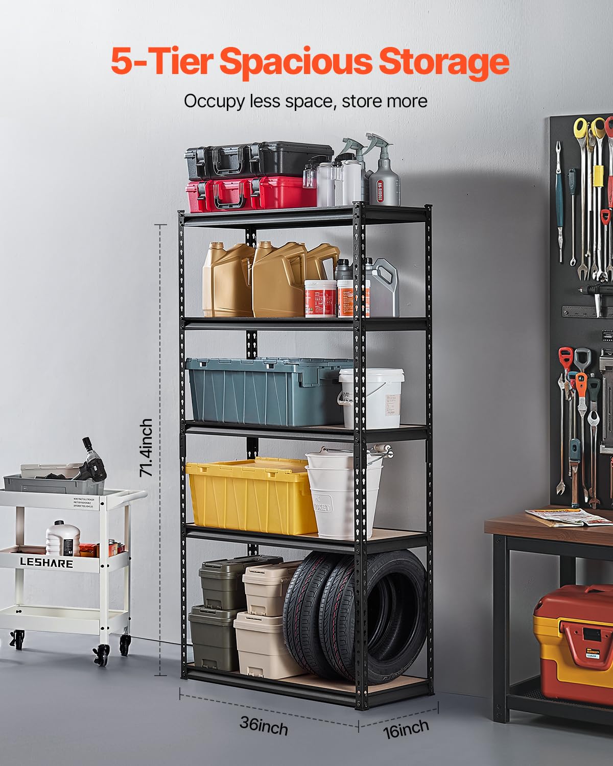 VEVOR Storage Shelves, 2000 lbs, 5 Tier Garage Storage Shelving, 16" D x 36" W x 71.4" H Adjustable