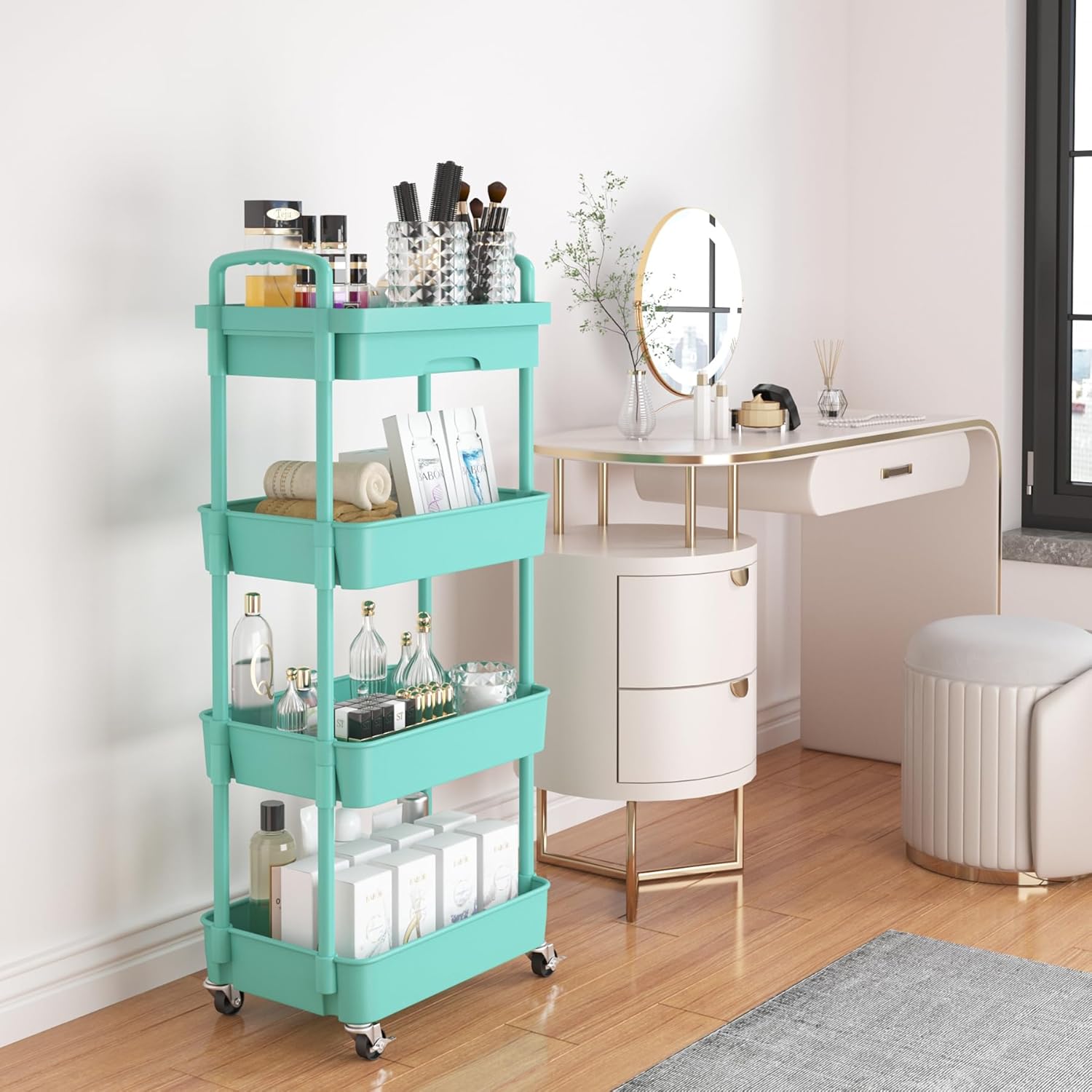 Calmootey 4-Tier Rolling Utility Cart with Drawer,Multifunctional Storage Organizer with Plastic