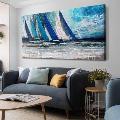 Arjun Blue Abstract Wall Art Canvas Teal Ocean Sailboat Picture Modern Turquoise Coastal Nautical