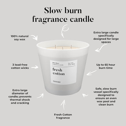 Hidden Label Large Scented Candle, Fresh Cotton, 30oz 3 Wick Huge Candle, Serene Collection Slow