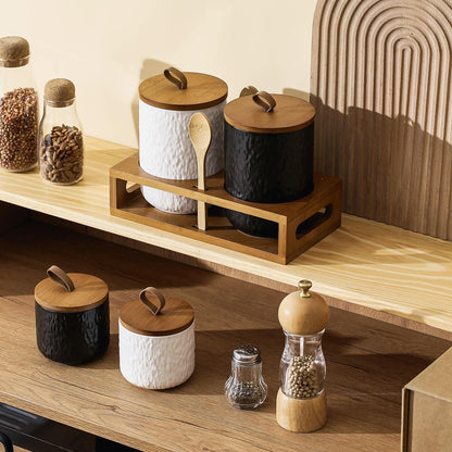 Black White Ceramic Coffee Canister Tea Canister with Seal Wood Lid, Airtight Coffee Storage