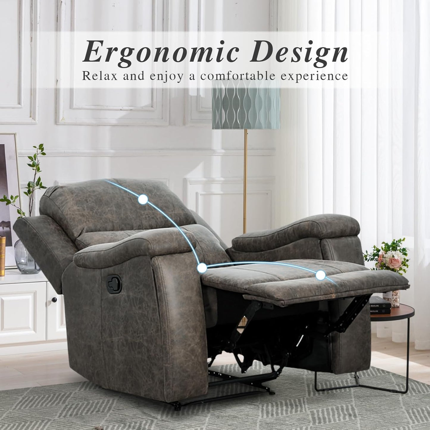 EBELLO Grey Recliner Chair, Single Overstuffed Sofa Recliners, Breathable Faux Leather Manual