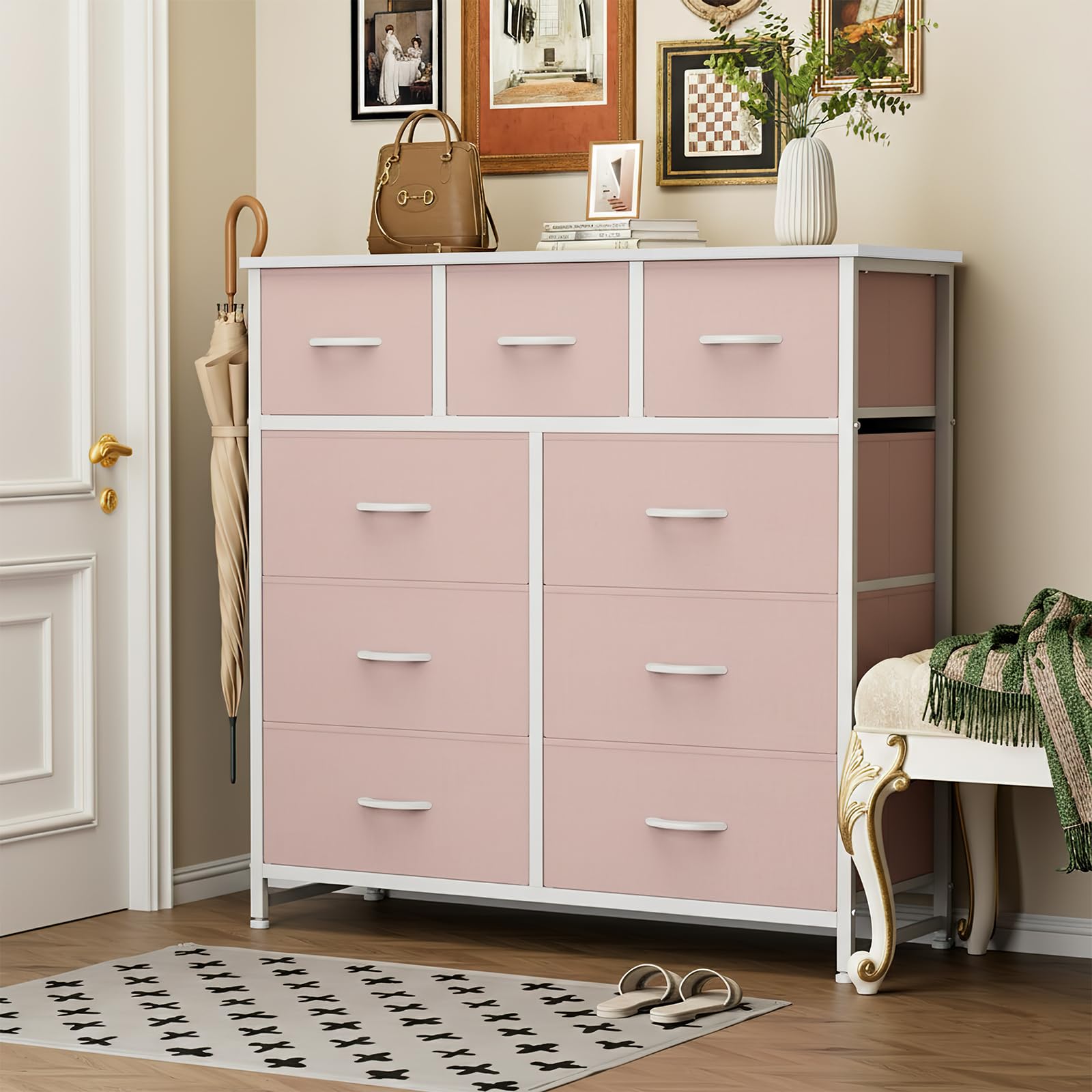 Sweetcrispy 9 Drawer Fabric Dresser Storage Tower Drawer Organizer, Pink