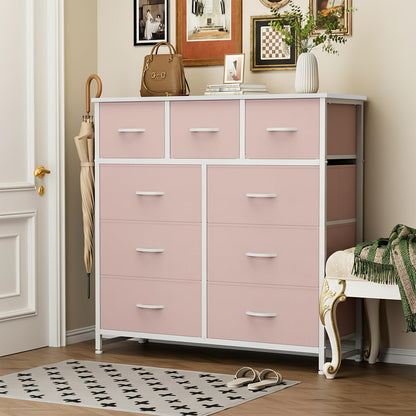Sweetcrispy 9 Drawer Fabric Dresser Storage Tower Drawer Organizer, Pink