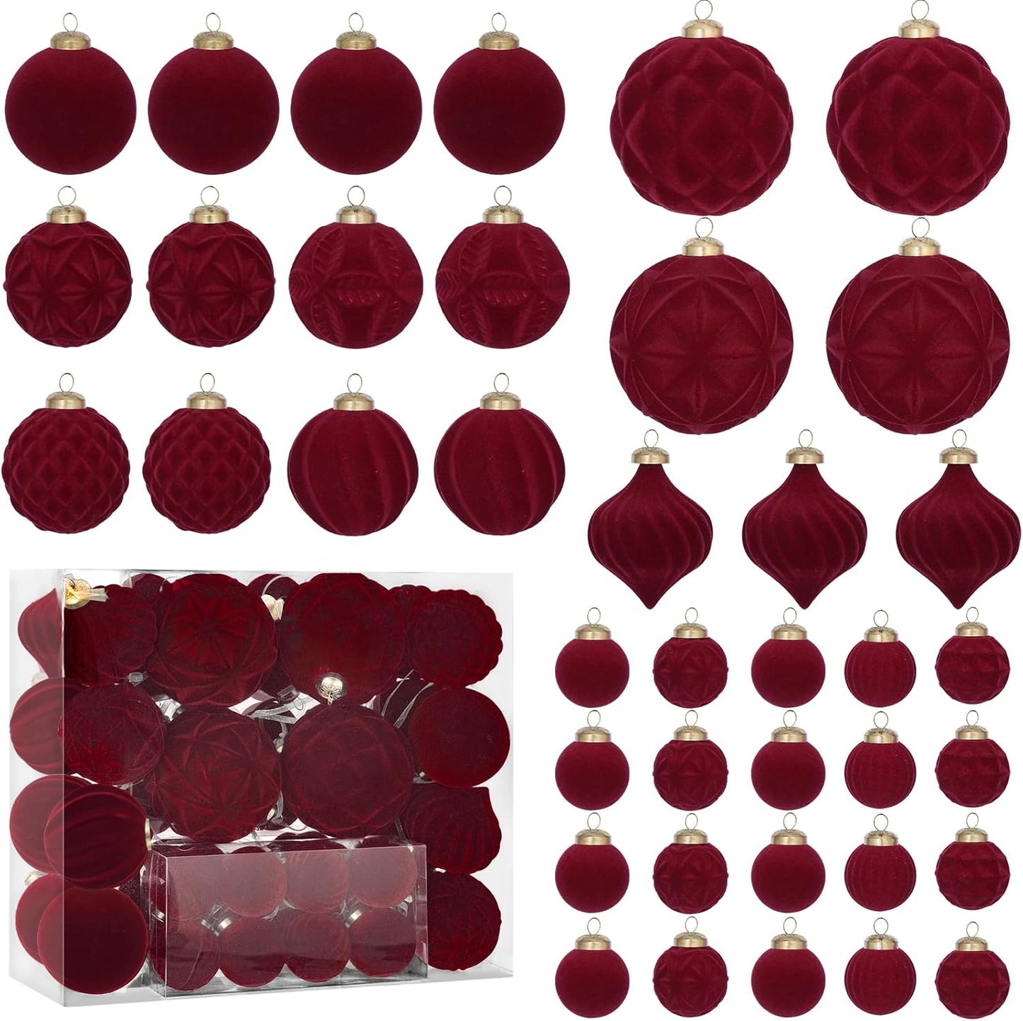 46PCS Velvet Christmas Ball Ornaments Set, Flocked Shatterproof Xmas Tree Decor, Assorted Hanging