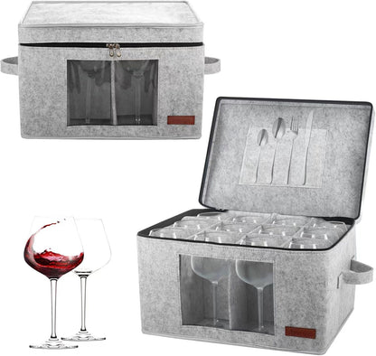 2 Pack Wine Glass Storage Box with Dividers, Stemware Storage Containers for Packing and Moving