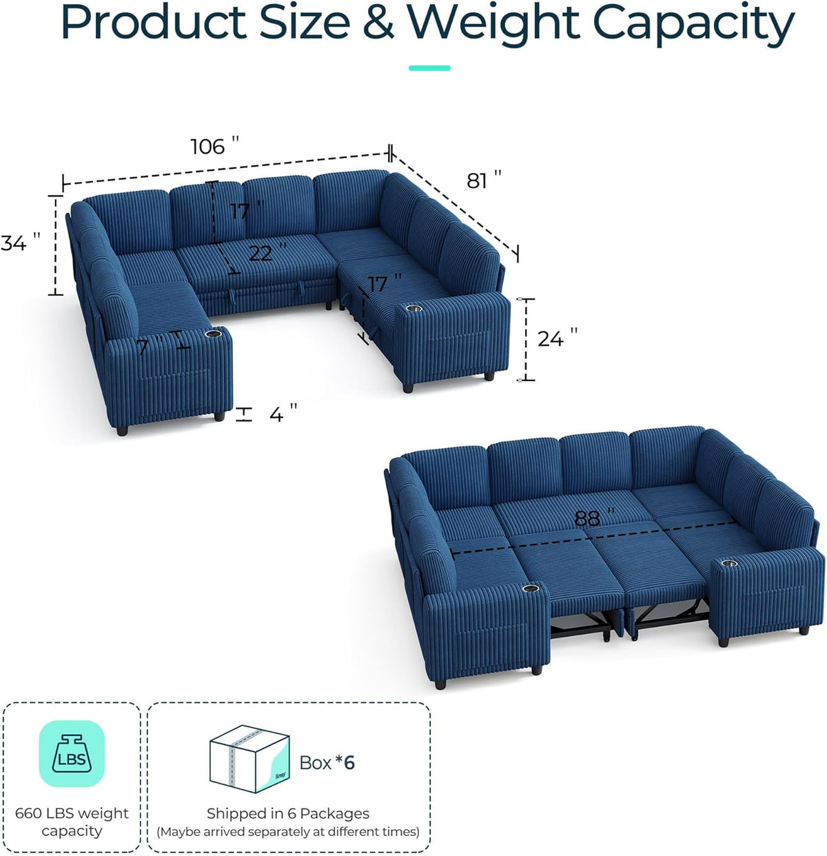 LINSY HOME Sectional Sleeper Sofa with Pull Out Couch Bed - Convertible Plush Corduroy Cloud Couch