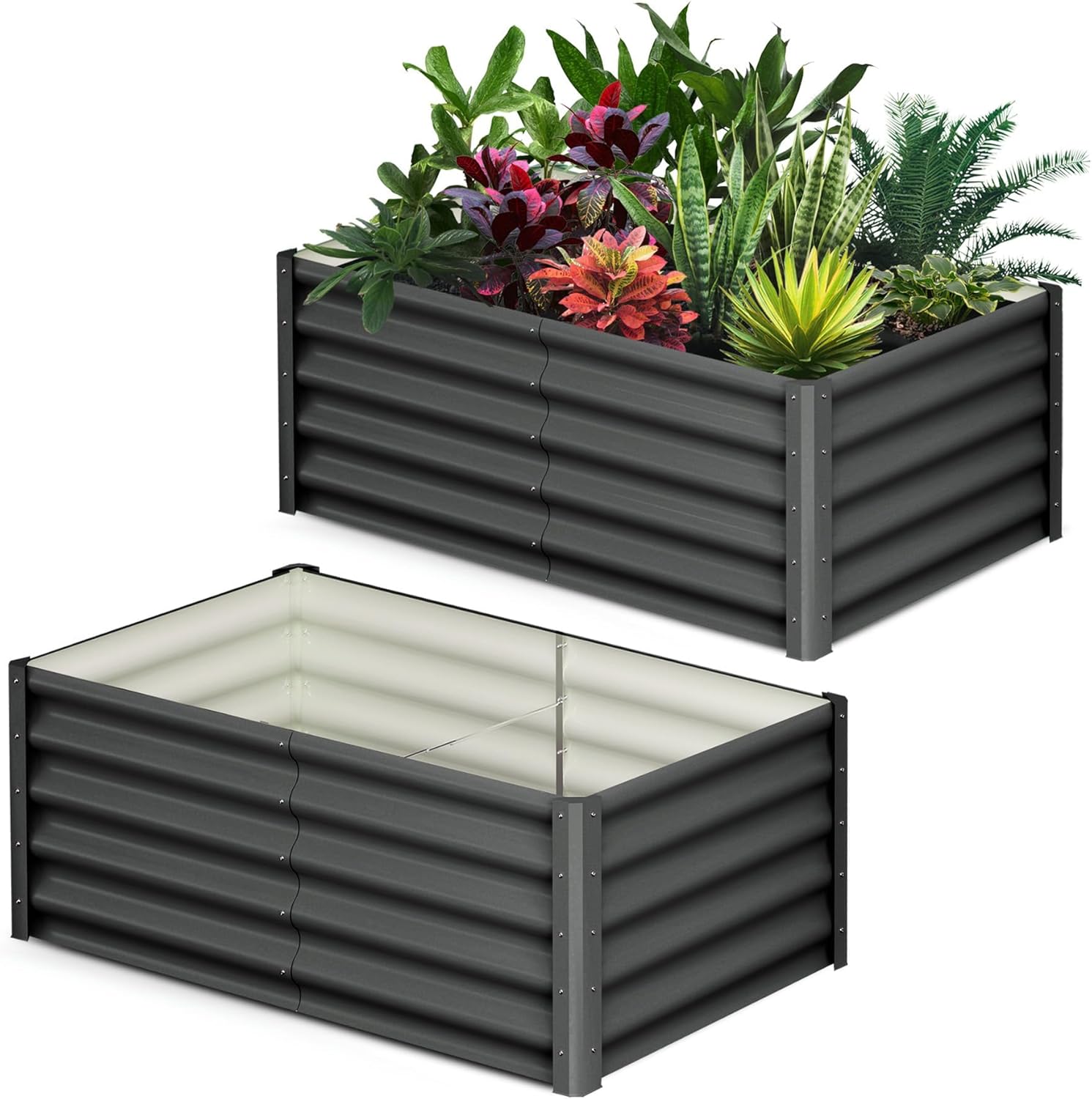 Large Outdoor Planter Boxes Kit Set of 2,6x3x1.5ft Galvanized Raised Bed Planter with Open-Ended