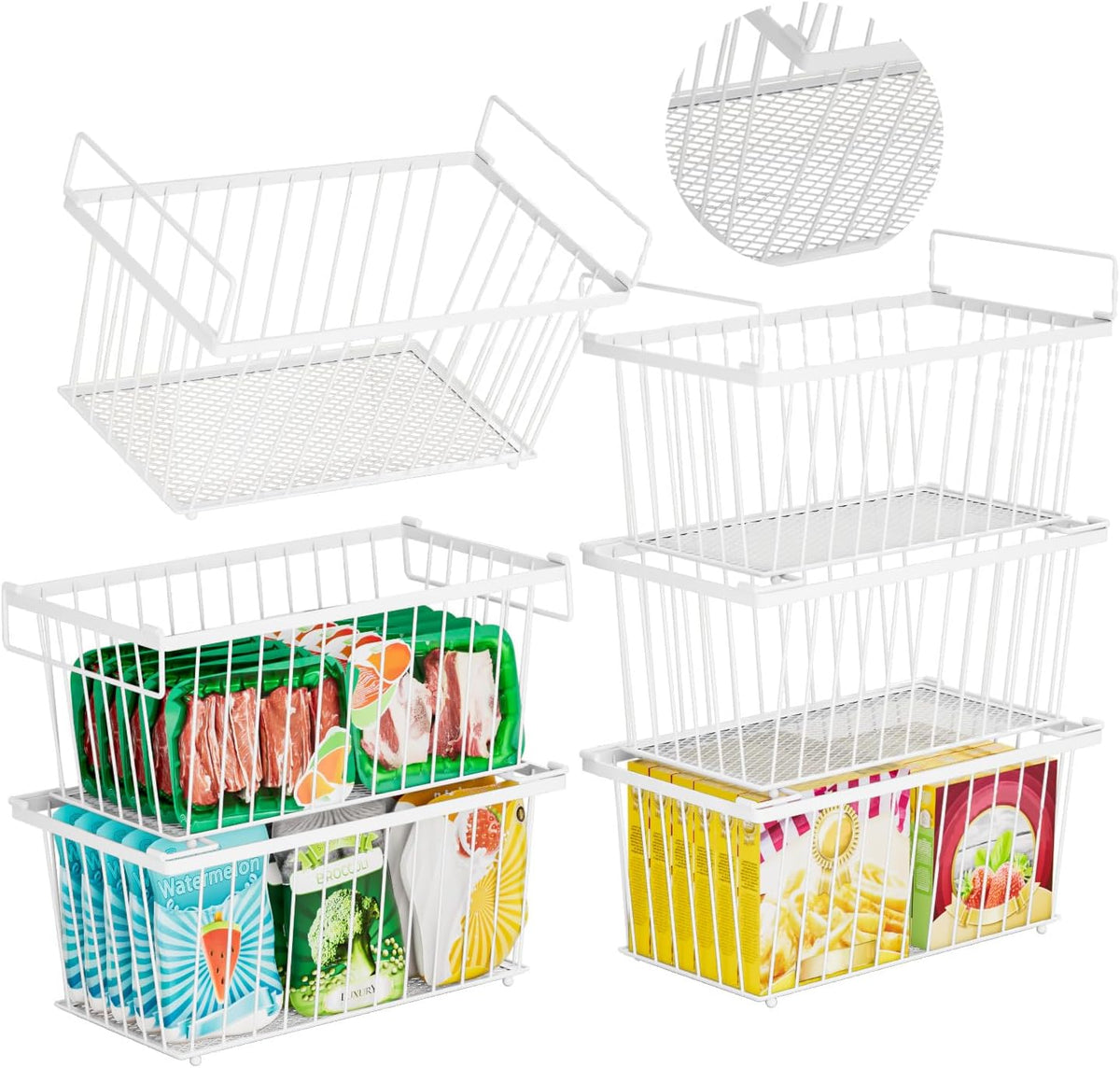 6 Pack Stackable Deep Freezer Organizer Bins ，Upgraded Bottom Leak-Proof net，Encryption and
