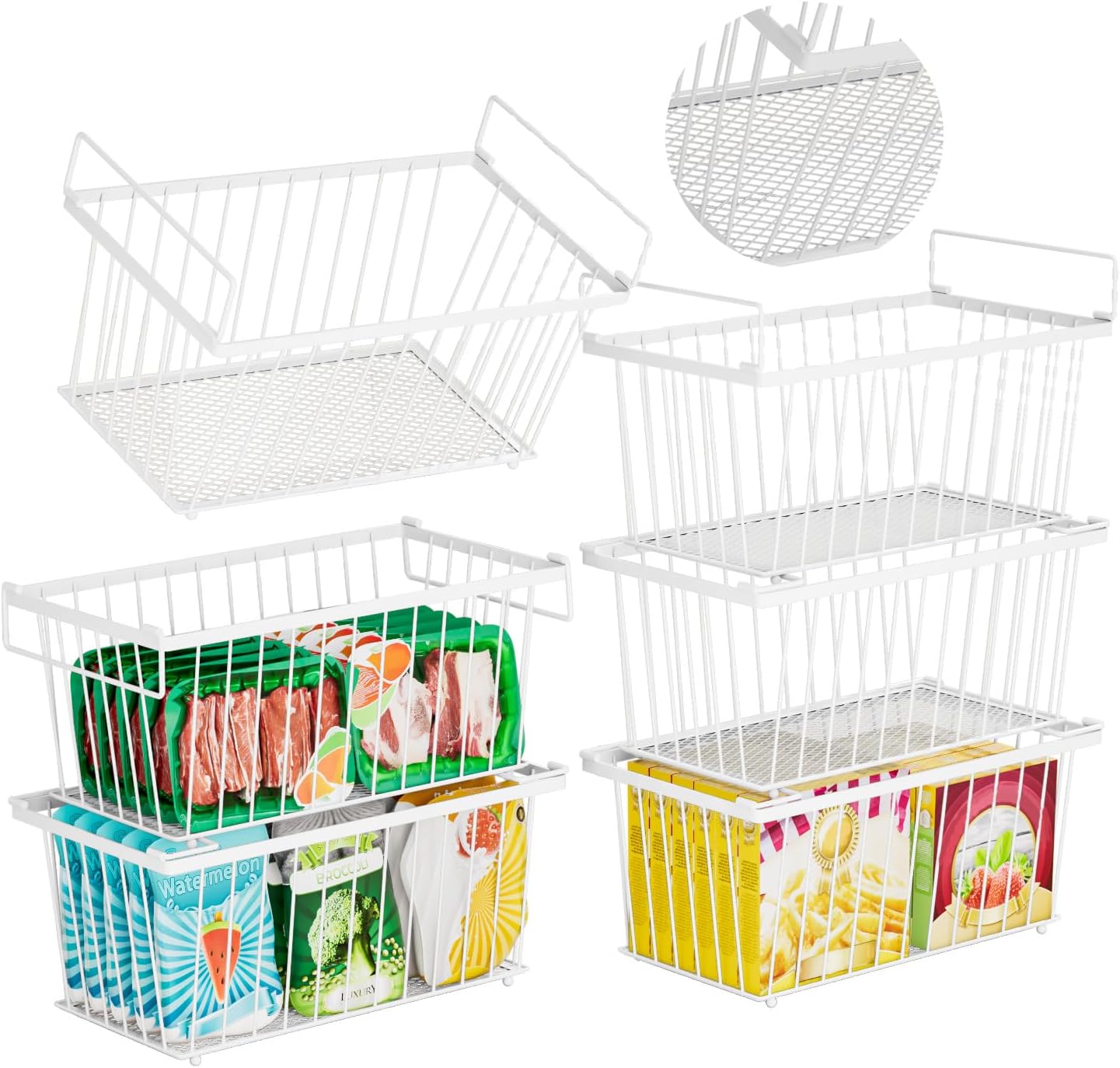 6 Pack Stackable Deep Freezer Organizer Bins ，Upgraded Bottom Leak-Proof net，Encryption and
