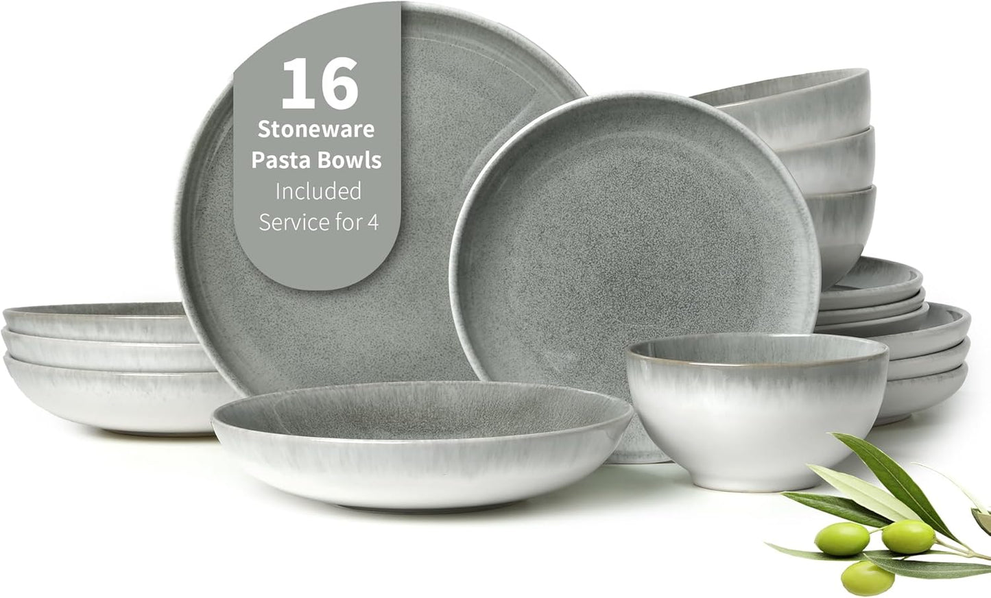 16 Piece Double Bowl Dinnerware Sets, Stain Resistant Dish Set with Pasta Bowls, Easy Cleaning