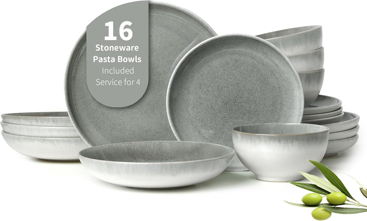 16 Piece Double Bowl Dinnerware Sets, Stain Resistant Dish Set with Pasta Bowls, Easy Cleaning