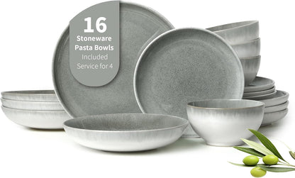 16 Piece Double Bowl Dinnerware Sets, Stain Resistant Dish Set with Pasta Bowls, Easy Cleaning