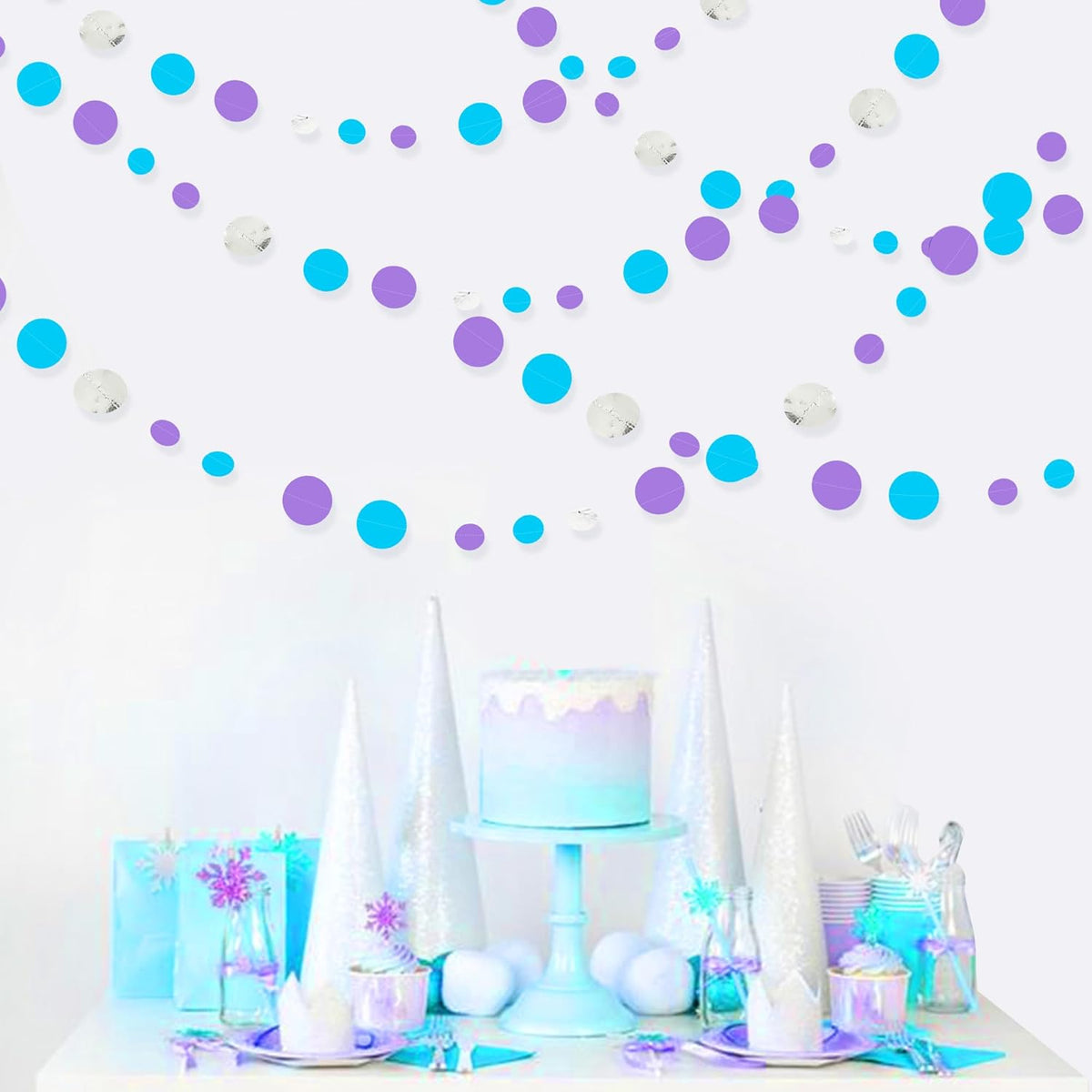 46 Ft Frozen Party Decorations Purple Blue Silver Polka Dots Garlands Hanging Paper Circle Dots
