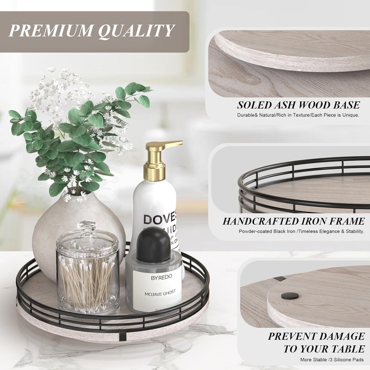 9" Wooden Lazy Susan Organizer for Cabinet, Turntable Round Decorative Tray for Kitchen Sink