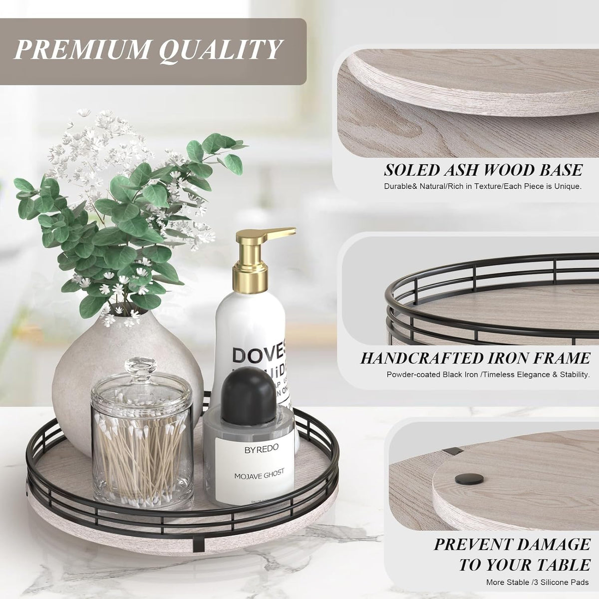 9" Wooden Lazy Susan Organizer for Cabinet, Turntable Round Decorative Tray for Kitchen Sink
