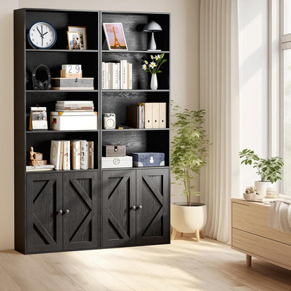 Tall Wooden Bookshelf with Cabinet and Doors – 70.86” Freestanding Tall Bookcase for Heavy Books