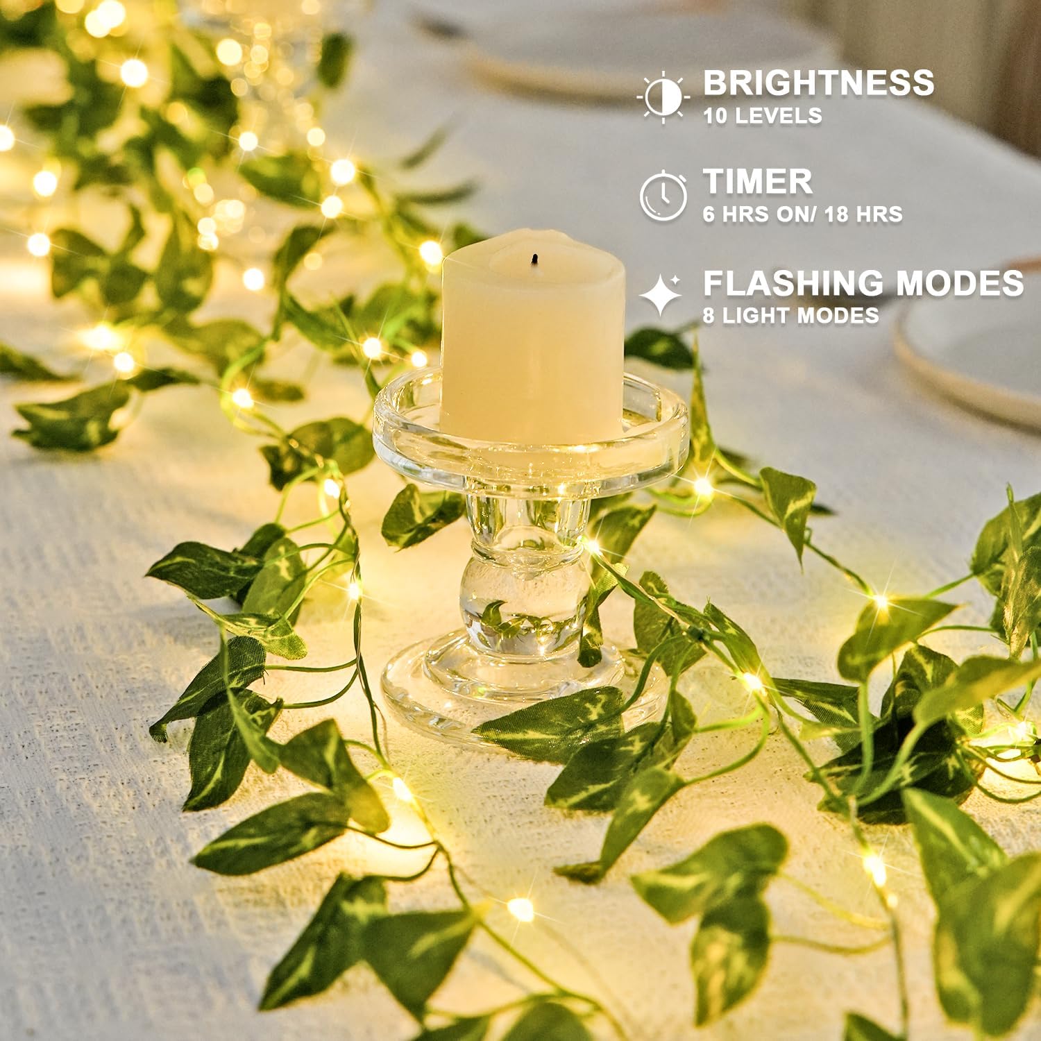 JMEXSUSS 33Ft Vines with Lights Battery Operated, 100 LED Pothos Leaf Vine Lights for Bedroom Wall