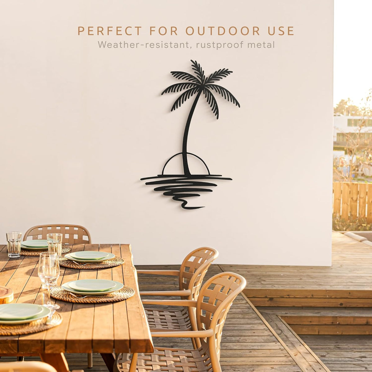 Metal Palm Tree with Sunset Wall Art, Large Outdoor Wall Decor, Tropical Beach Decor for Living