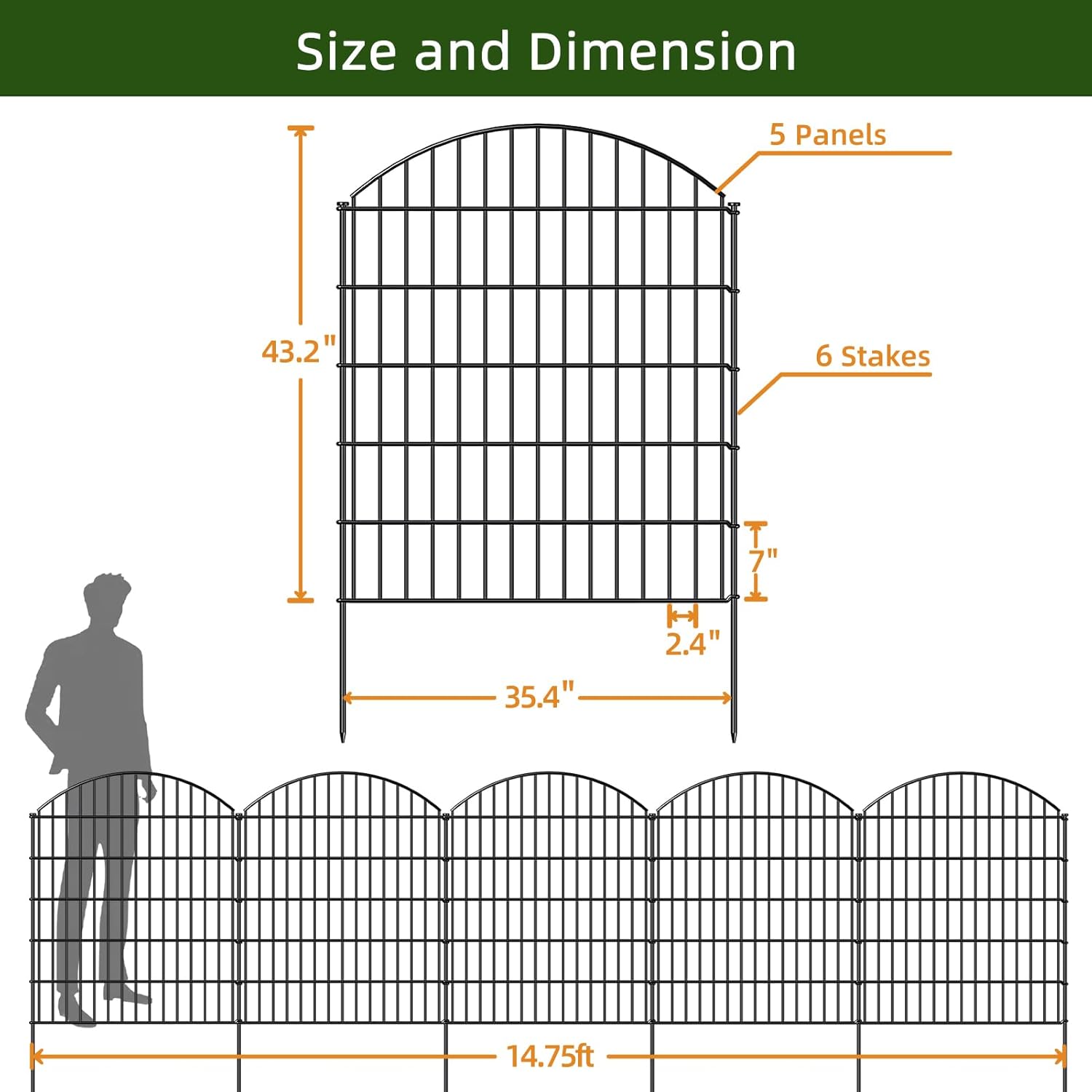 Decorative Metal Garden Fence Outdoor CTW3643, 43.2in H x 14.75 ft L, No Dig Temporary Dog Fence