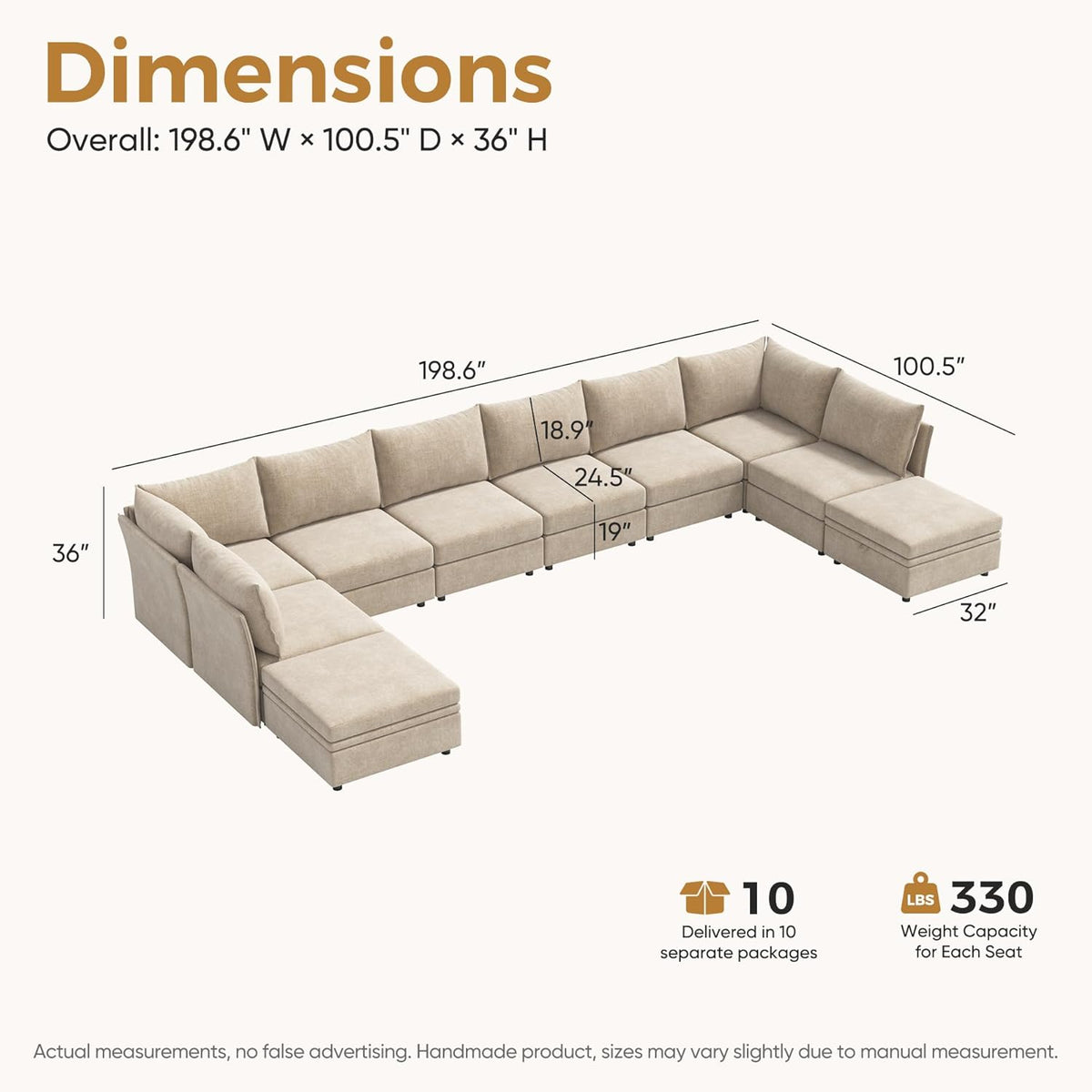 198.6" Oversized Modular Sectional Sofa, U Shaped Convertible Couch with Movable Ottoman, Large 10