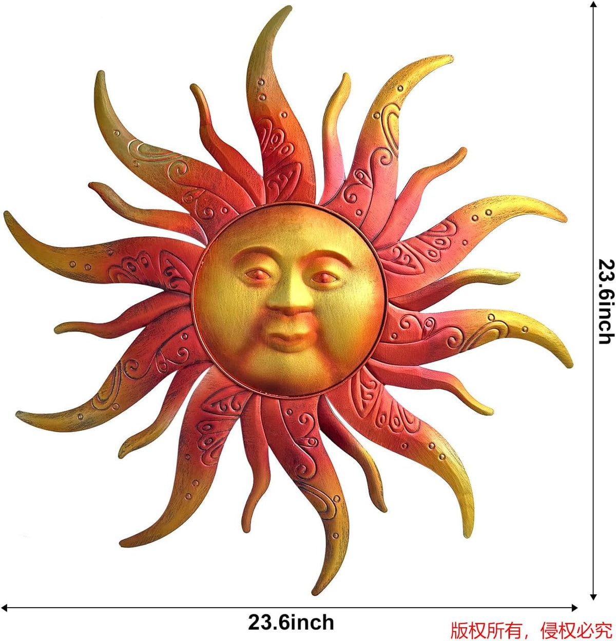 Large Metal Sun Wall Art Decor - 23.6 Inches Rustic Retro Hanging Decoration for Indoor Outdoor