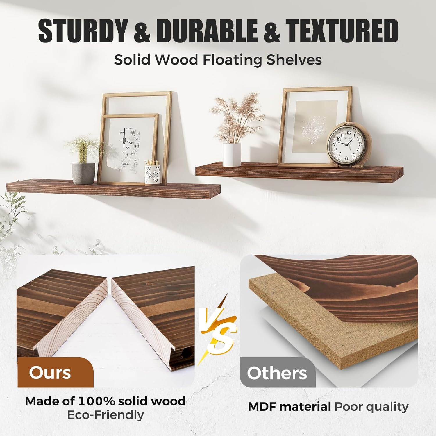 Floating Wall Shelves 3-Pack - 24-Inch Rustic Brown Wooden Shelves for Storage and Décor, Easy
