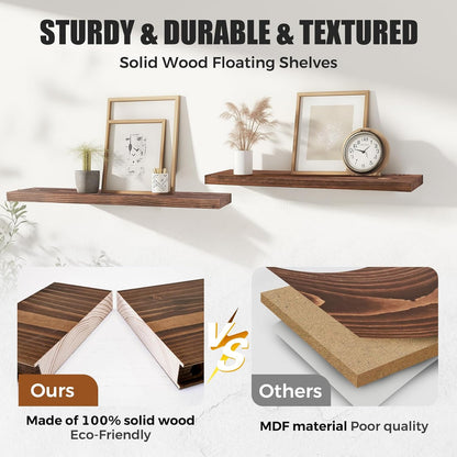 Floating Wall Shelves 3-Pack - 24-Inch Rustic Brown Wooden Shelves for Storage and Décor, Easy