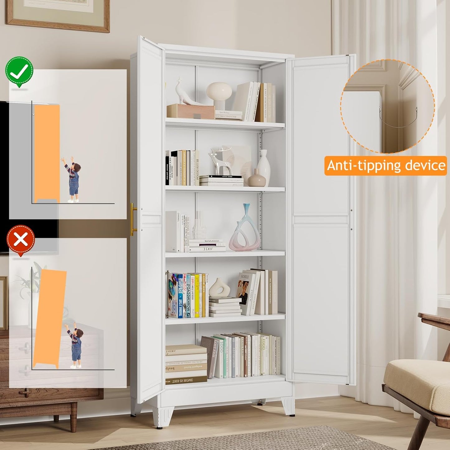 71" Tall Metal Pantry Storage Cabinet with Doors and 4 Adjustable Shelves, White Kitchen Food