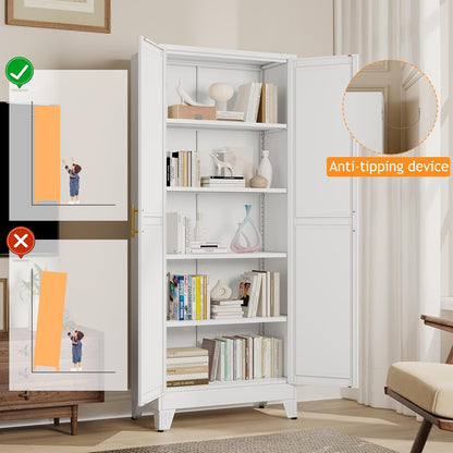 71" Tall Metal Pantry Storage Cabinet with Doors and 4 Adjustable Shelves, White Kitchen Food