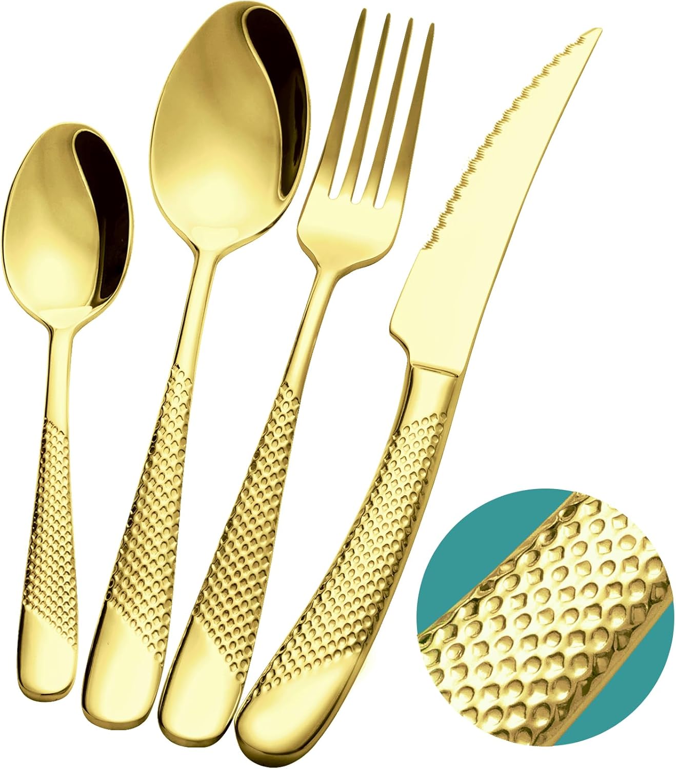 16-Piece Modern Champagne Gold Hammered Silverware Set with Ultra Sharp 2-IN-1 Serrated Knive