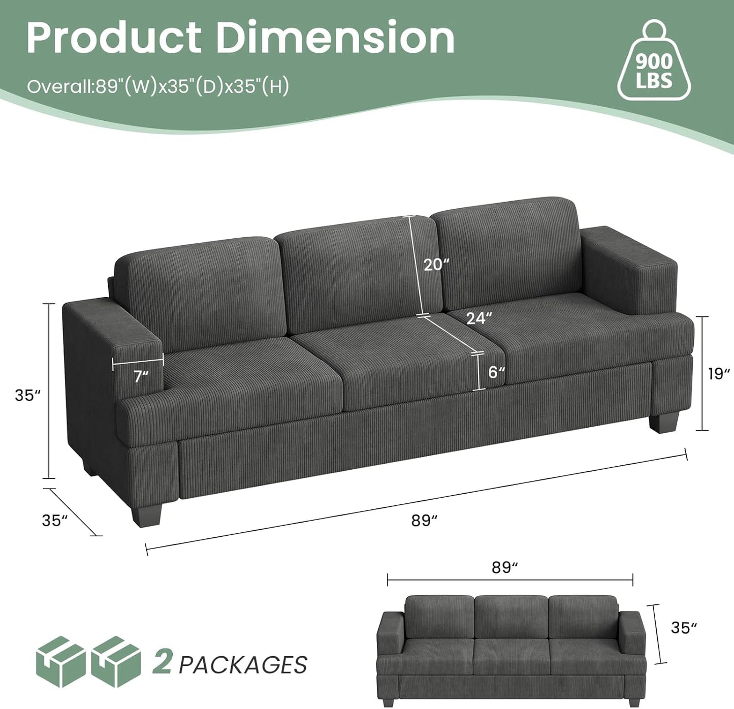 3 Seater Corduroy Couch for Living Room, 89” Black Cloud Sofa, Deep Seat Floor Couch for Bedroom