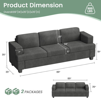 3 Seater Corduroy Couch for Living Room, 89” Black Cloud Sofa, Deep Seat Floor Couch for Bedroom