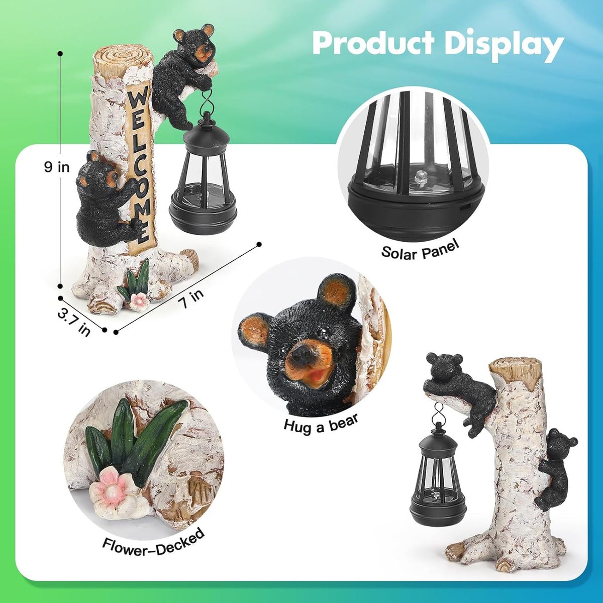 Json Garden Bear Statue with Solar LED Lantern, Gifts for Mom Yard Art, Whimsical Figurine Large