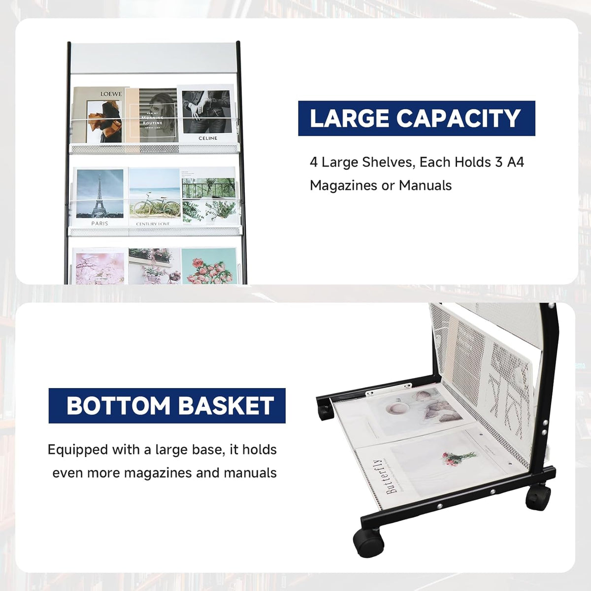4-Tier Floor-Standing Magazine Rack with Wheels – Perfect Brochure Display Stand for Exhibitions