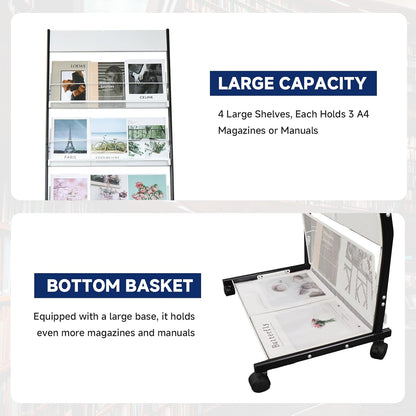 4-Tier Floor-Standing Magazine Rack with Wheels – Perfect Brochure Display Stand for Exhibitions
