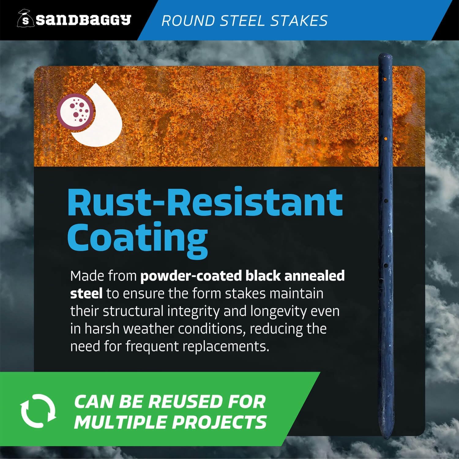 Sandbaggy Round Steel Concrete Form Stakes with Nail Holes - Rust Resistant Coating - Removable
