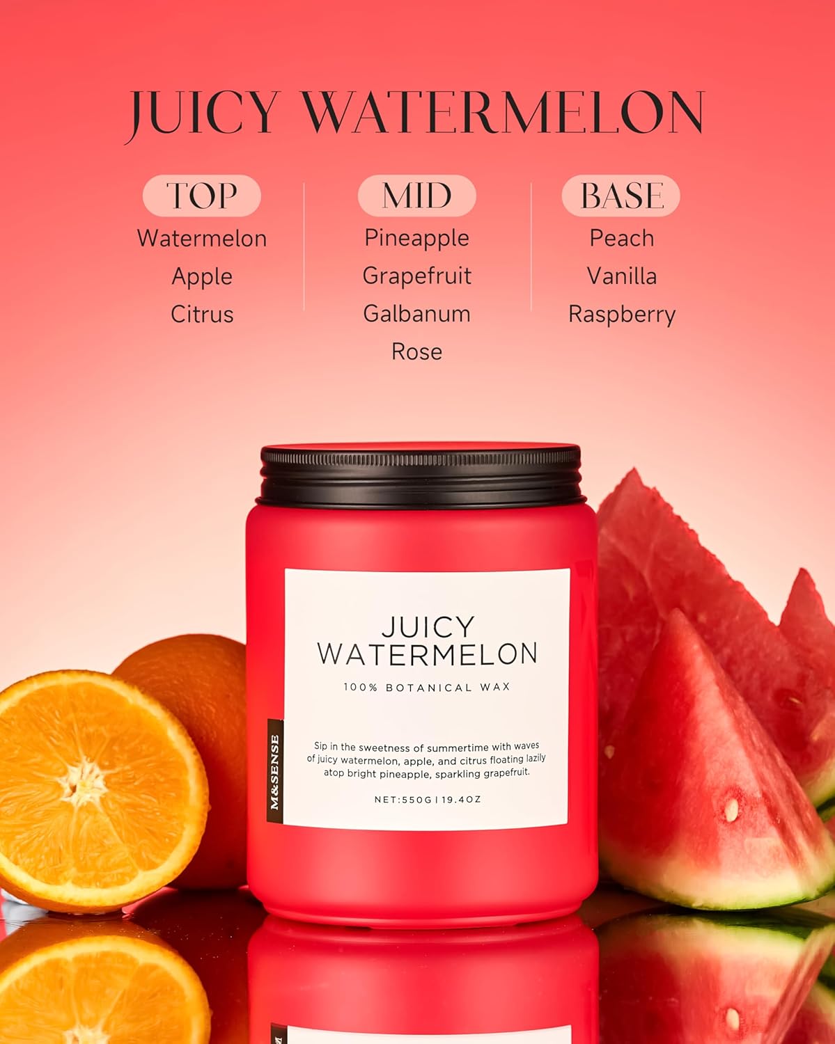 M&SENSE Juicy Watermelon Scented Candle, 19.4oz 110 Hours Clean Non Toxic Natural Soy Wax Long