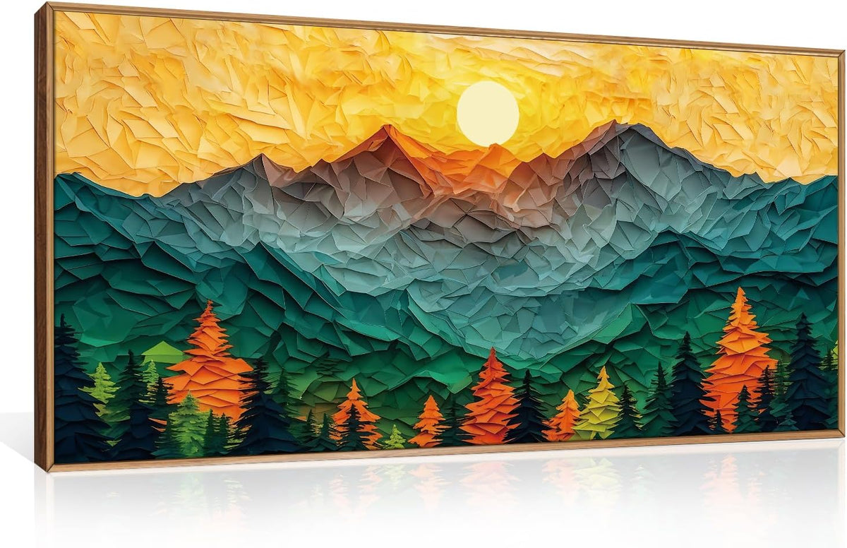 Abstract Sun Mountain Framed Canvas Wall Art Set, Forest Pine Tree Golden Sunset Wall Decor, Mixed