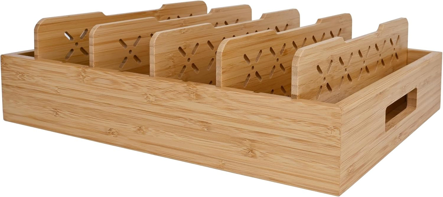 Natural Bamboo Storage Tray with 5 Custom Dividers, Deep Drawer Organizer for Kitchen, Small