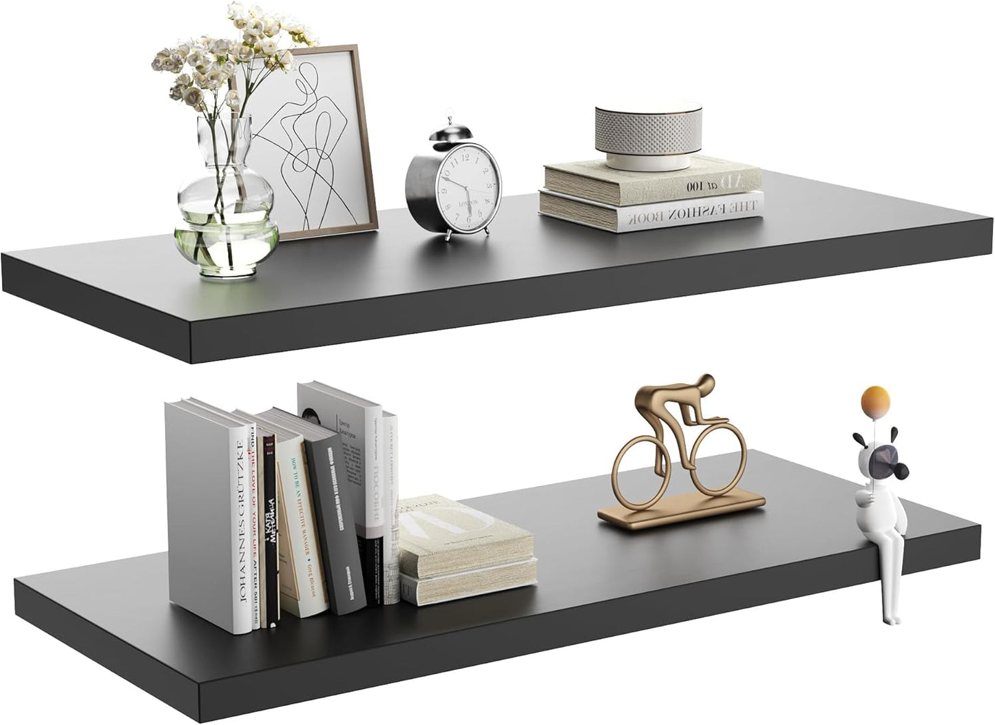 Wall Shelf Set of 2, Black Floating Shelves 24 in W x 10 in D x 1 in H, Wooden Floating Wall Shelf